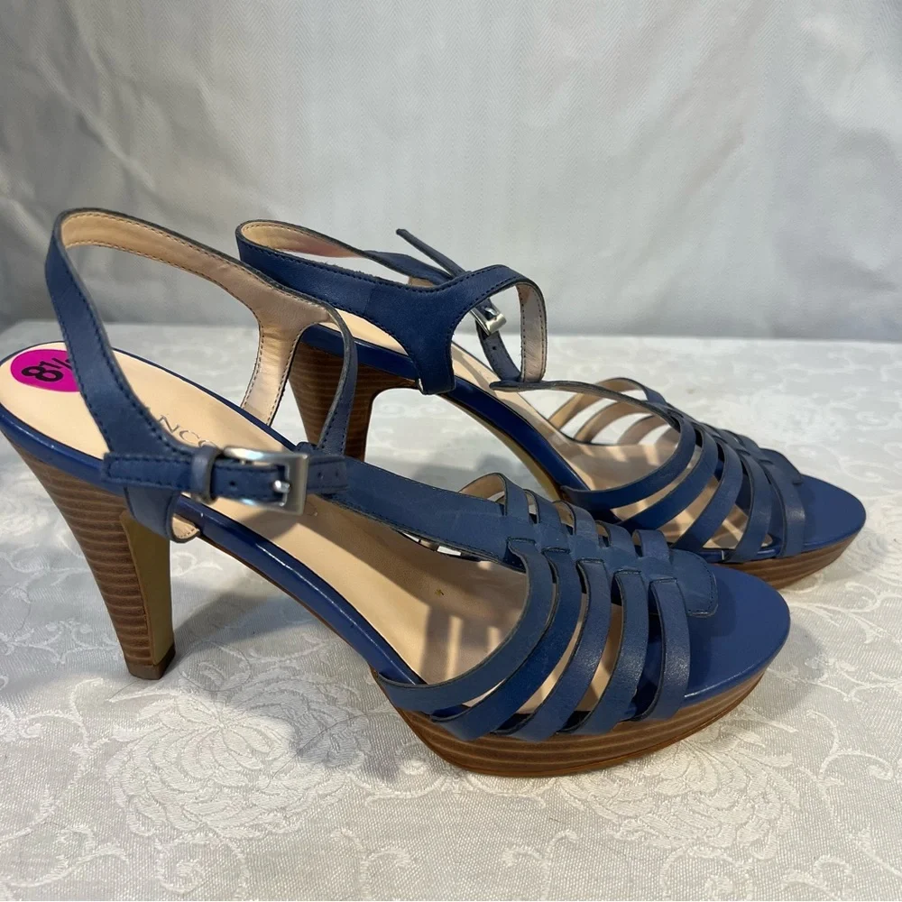 Franco Sarto Sandals Blue Leather Woven Strappy 4” Heels Buckle Closure 8.5👍